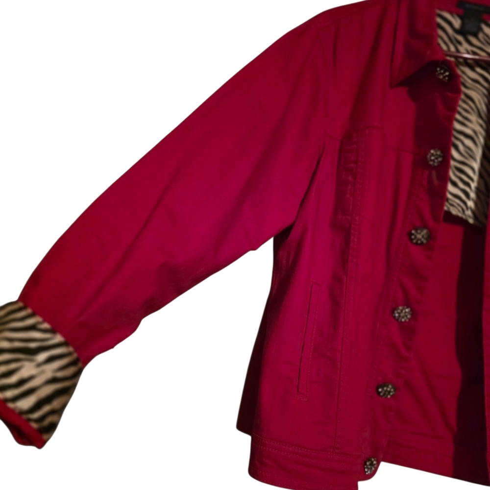 Zebra Lined Collar & Cuffs, Large Sparkle Jeweled Buttons, Red Denim Jacket - Picture 3 of 12